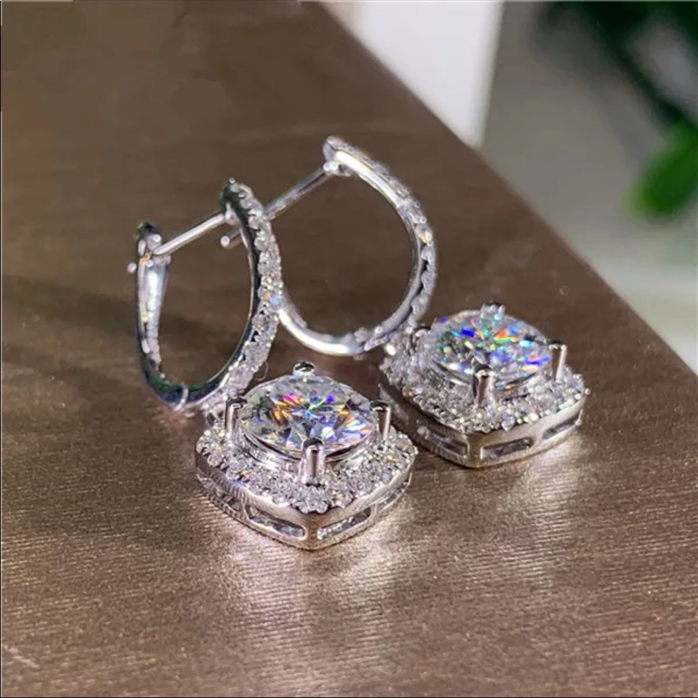 New Women’s925 Silver Diamond Square Drop Earrings - Picture 2 of 5